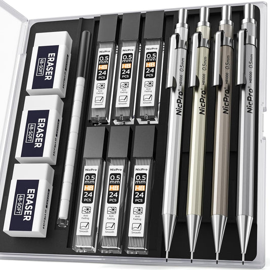 Nicpro 4 Pack Mechanical Pencil 0.7mm with Case, MB1000 Metal Mechanical Pencil Set with 6 Tube HB #2 Lead Refill 0.7 mm, 3PCS 4B Eraser, 9 Cap Eraser for Artist Drafting Writing, Sketching, Drawing