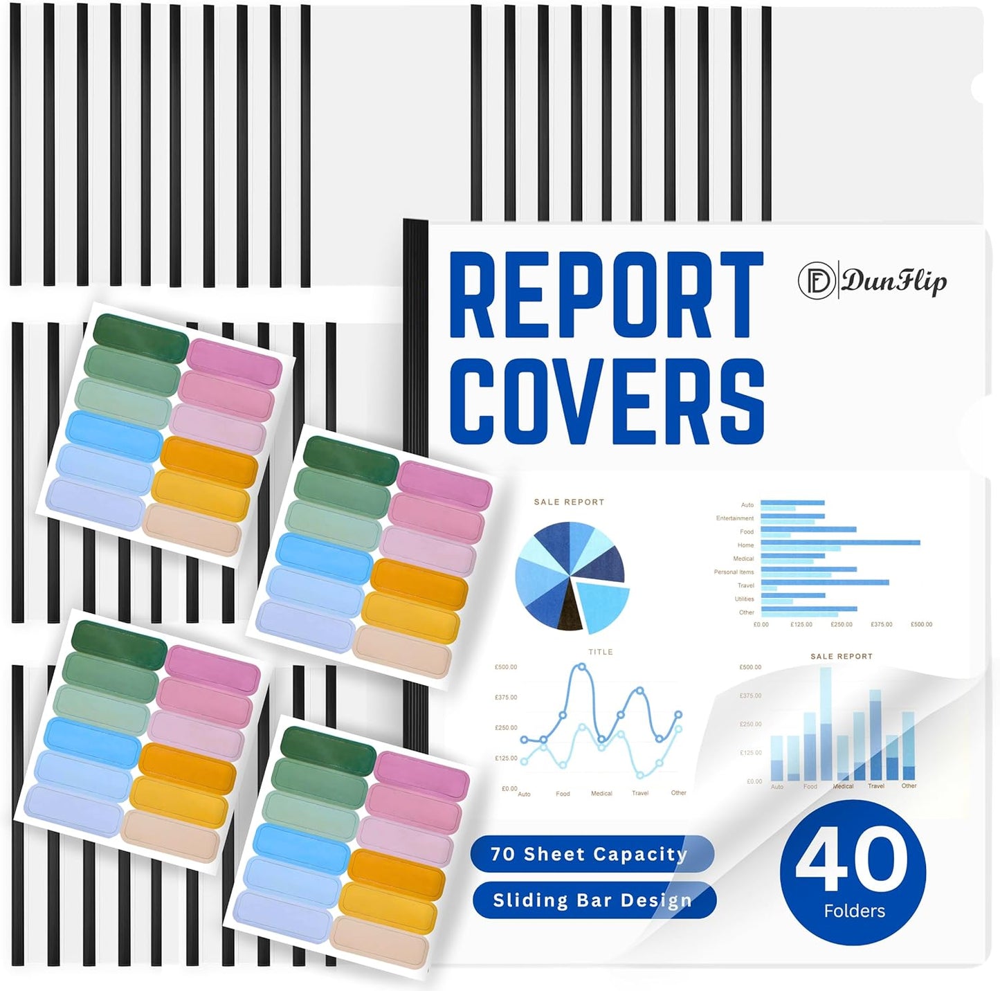 Clear Report Covers with Sliding Bar 40 Pack - 70 Sheet Capacity Presentation Folders with 48 Label Stickers for US Letter Size 8.5x11" and A4