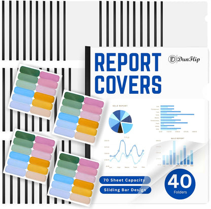 Clear Report Covers with Sliding Bar 40 Pack - 70 Sheet Capacity Presentation Folders with 48 Label Stickers for US Letter Size 8.5x11" and A4