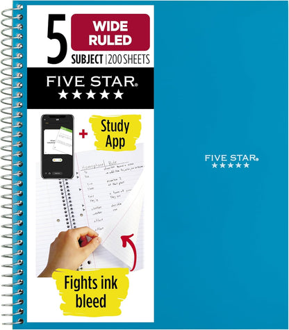 Five Star Spiral Notebook + Study App, 5 Subject, Wide Ruled Paper, 8" x 10-1/2", 200 Sheets, Fights Ink Bleed, Water Resistant Cover, Tidewater Blue (73196)