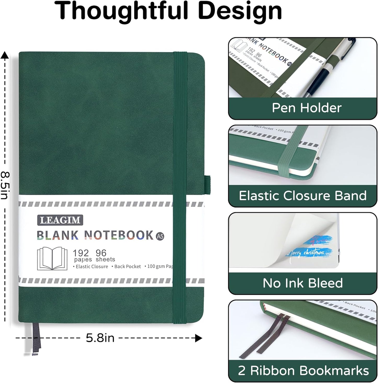Blank Journal Notebook, A5, 192 Pages 100 GSM Thick Sketch Book for Women Men, Hardcover Leather Unlined Journaling for Work, Notebooks for Writing, 5.8 inches x 8.5 inches (Black)