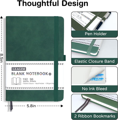 Blank Journal Notebook, A5, 192 Pages 100 GSM Thick Sketch Book for Women Men, Hardcover Leather Unlined Journaling for Work, Notebooks for Writing, 5.8 inches x 8.5 inches (Black)