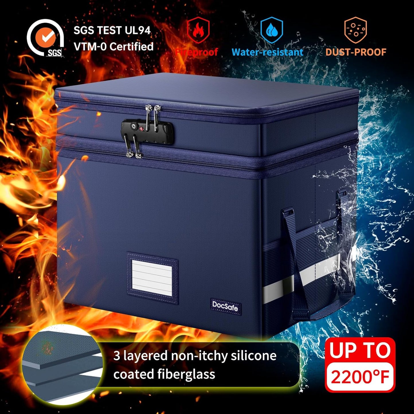 DocSafe File Box with Lock,Multi-Layer Fireproof Document Box Collapsible File Storage Organizer with Pockets/Handle,Large Portable Home Office Filing Safe for Hanging Letter/Legal Size Folders,Black