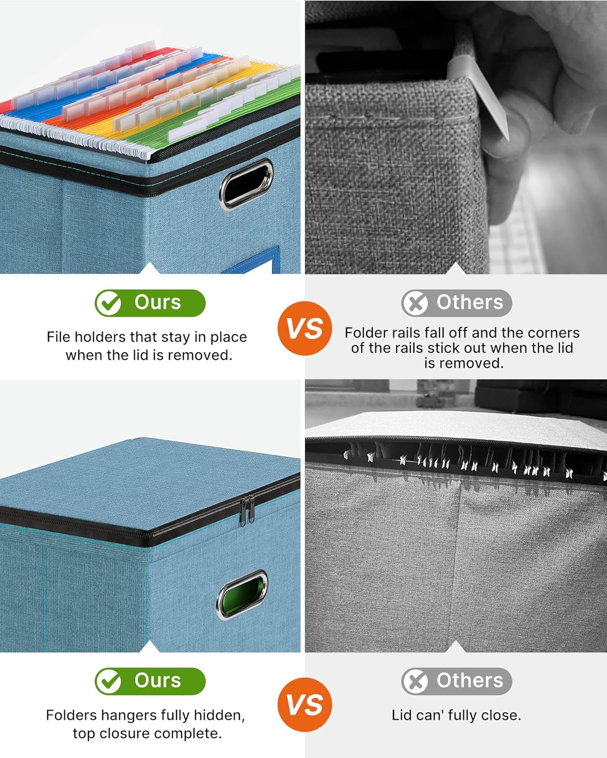 Oterri 2 Pack File Organizer Boxes with Lids, File Box with Mesh Pockets, Document Organizer Box for File Folders Letter Size, Zippers Filing Box for Home, Office, School (Green, Without Folders)