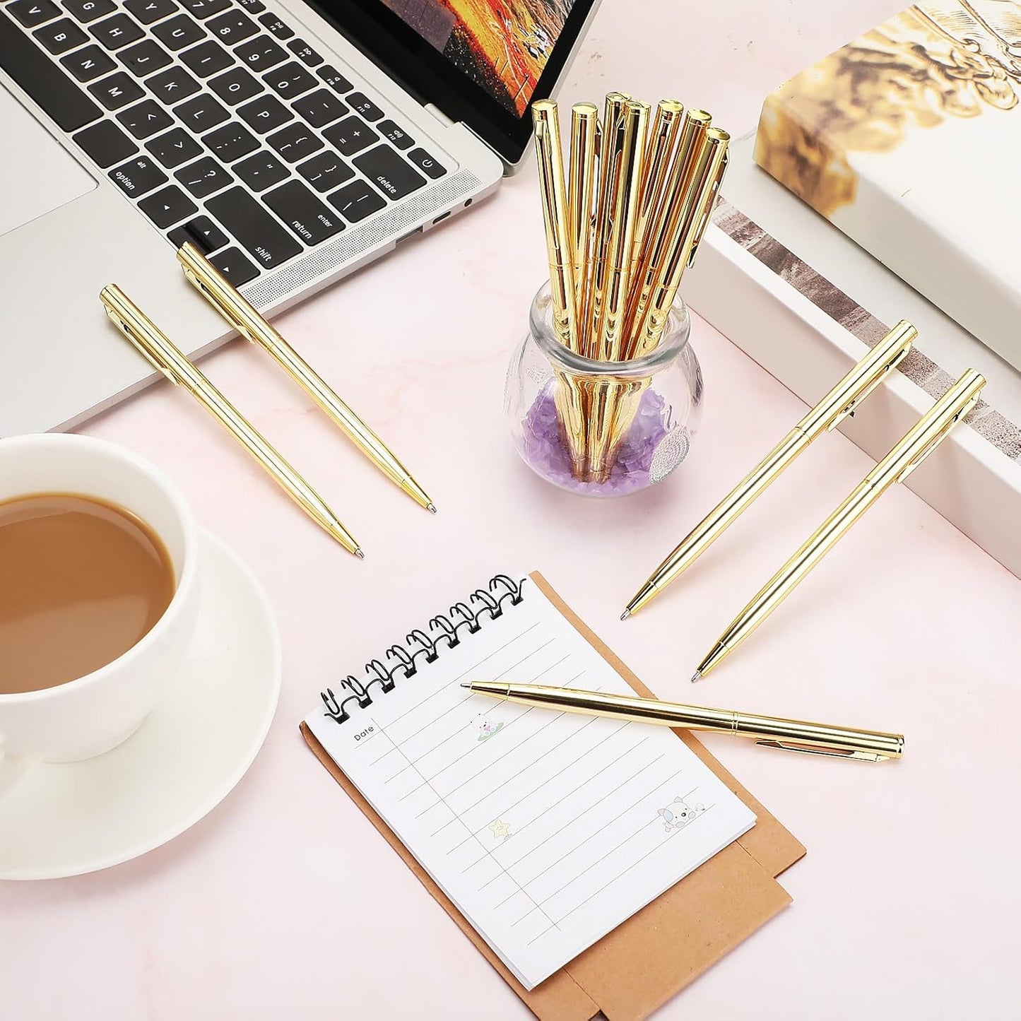 Zonon 240 Pcs Gold Metal Slim Ballpoint Pens Bulk Retractable Metallic Black Ink 1 mm Medium Point Smooth Writing Pens for Wedding Business Office Supplies Students Teachers Men Women Present