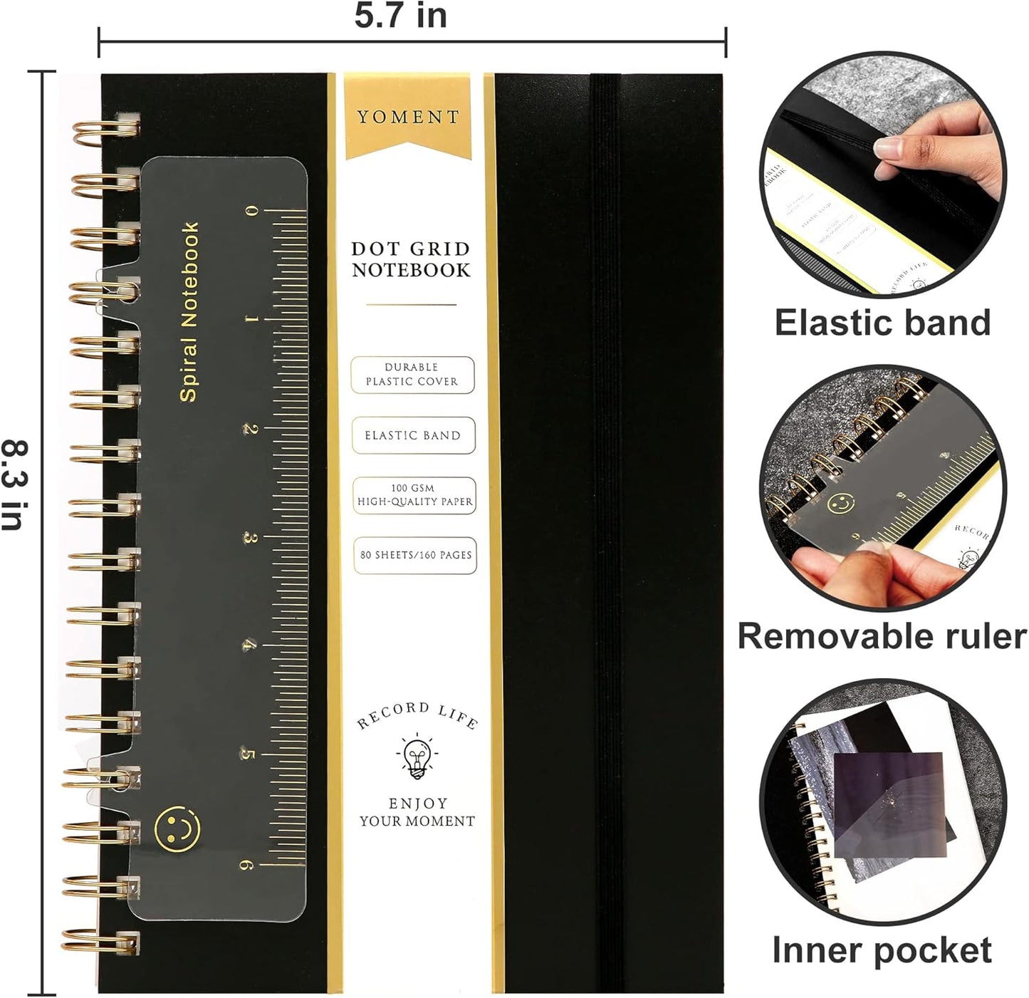 Yoment Graph Paper Spiral Notebook A5 Graphing Notebook 160 Pages Graph Paper Notebook Spiral Bound Waterproof Plastic Hardcover Spiral Journal 5x7 Grid Notebooks for Note Taking,Black