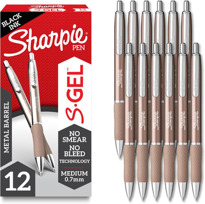 Sharpie S-Gel, Gel Ink Pens, Medium Point (0.7mm), Sleek Metal Barrel, Black Ink, 12 Count - Drawing, Journaling, Writing, School, Teacher Supplies