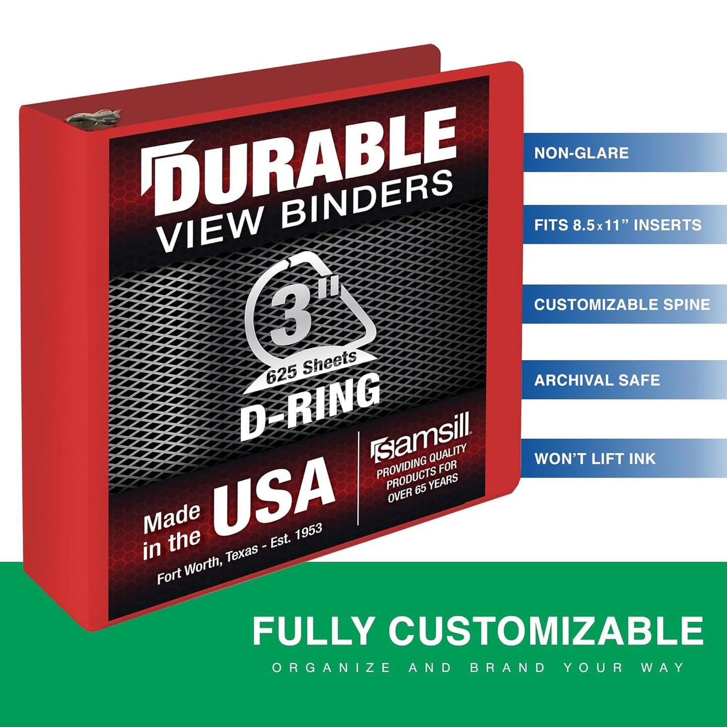 Samsill Durable 3 Inch Binder, D Ring Binder, Customizable Clear View Cover, Ruby Red, Holds 625 Pages