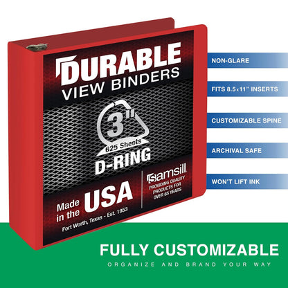 Samsill Durable 3 Inch Binder, D Ring Binder, Customizable Clear View Cover, Ruby Red, Holds 625 Pages