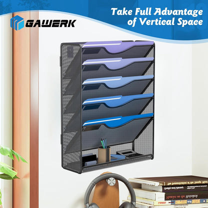 Gawerk 10-Tier Wall File Organizer Hanging Wall File Holder Wall Mount Paper Folder Organize, Mesh Magazine Document Mail Organizer Wall Organizer for Office School Home, Black