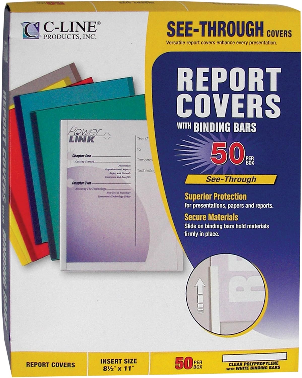 C-Line Report Covers with Binding Bars, Red Vinyl, Red Bars, 8.5 x 11 Inches, 50 per Box (32554)
