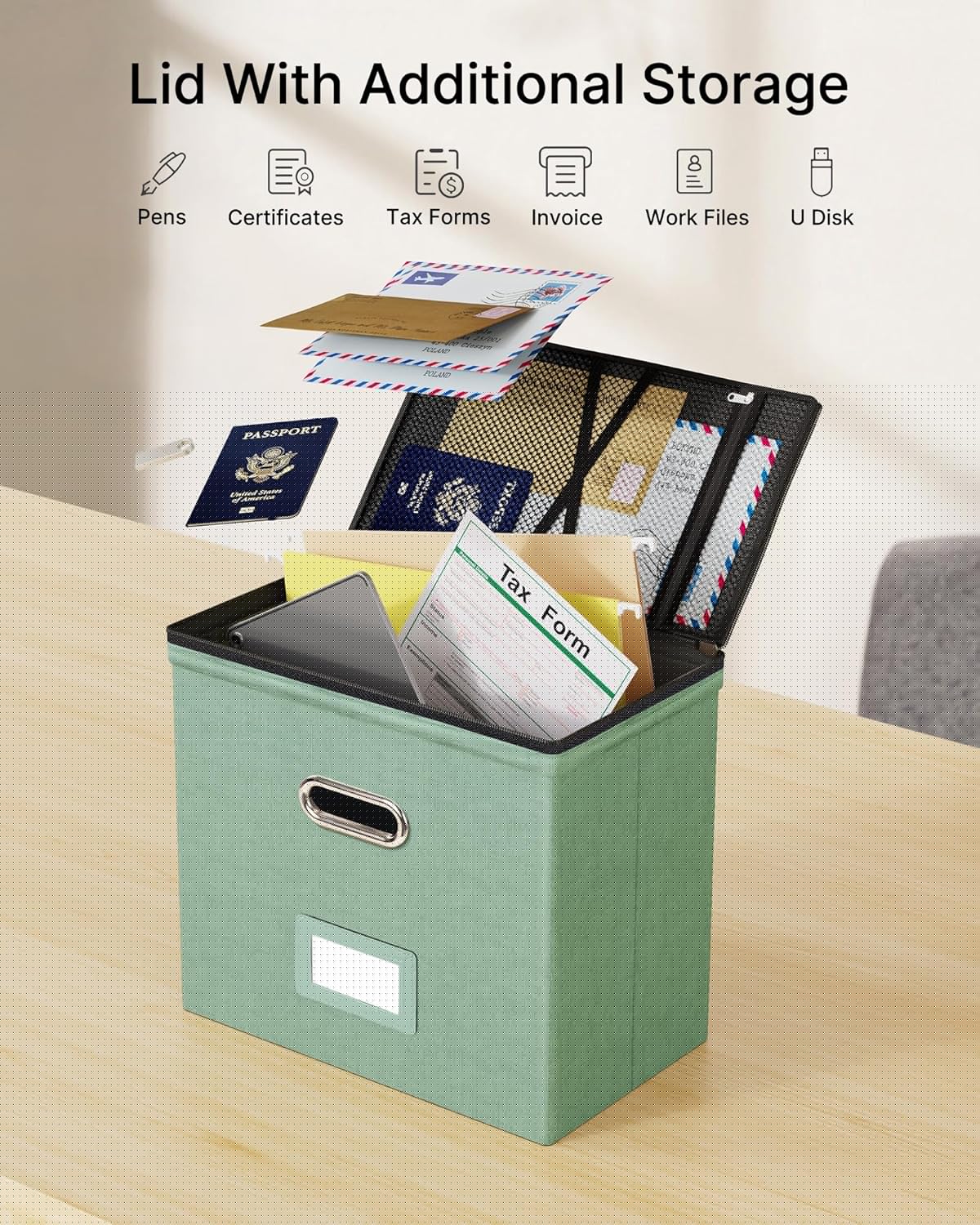 Oterri 2 Pack File Organizer Boxes with Lids, File Box with Mesh Pockets, Document Organizer Box for File Folders Letter Size, Zippers Filing Box for Home, Office, School (Green, Without Folders)