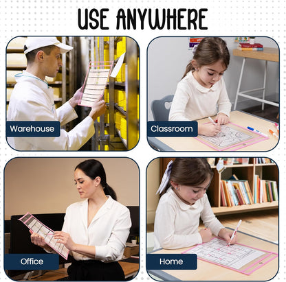 Essex Wares - 6 Pack, Assorted, Dry Erase Pocket Document Protectors, 10" Wide x 13.5" Tall- Dry Erase Clear Plastic Sleeves - Reusable & Easy Erase Plastic Invoice Holders, Water-Resistant & Durable