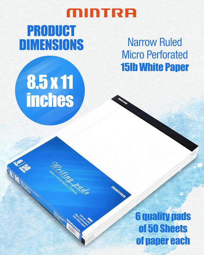 Mintra Office White Legal Pads – Ruled Notepads and Micro-Perforated Sheets, Ideal for Writing, Note-Taking & Creativity, Office, or Professional Use, Basic Pad 6 pack, 8.5"x11" (Narrow Ruled)