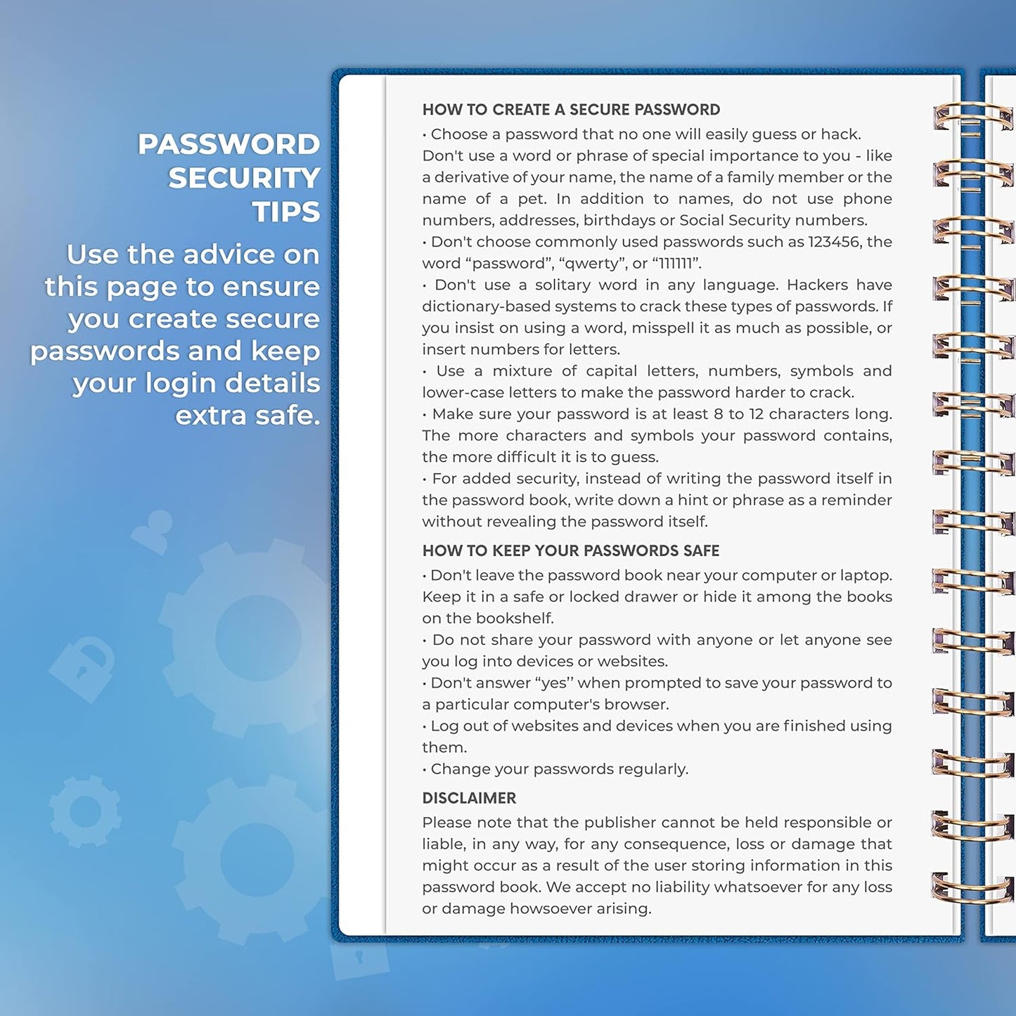 Clever Fox Password Book Spiral – Internet Address & Password Organizer with Laminated Alphabetical Tabs – Password Keeper Journal – Hardcover, Medium Size, 6.1x7.7” (Mystic Blue)