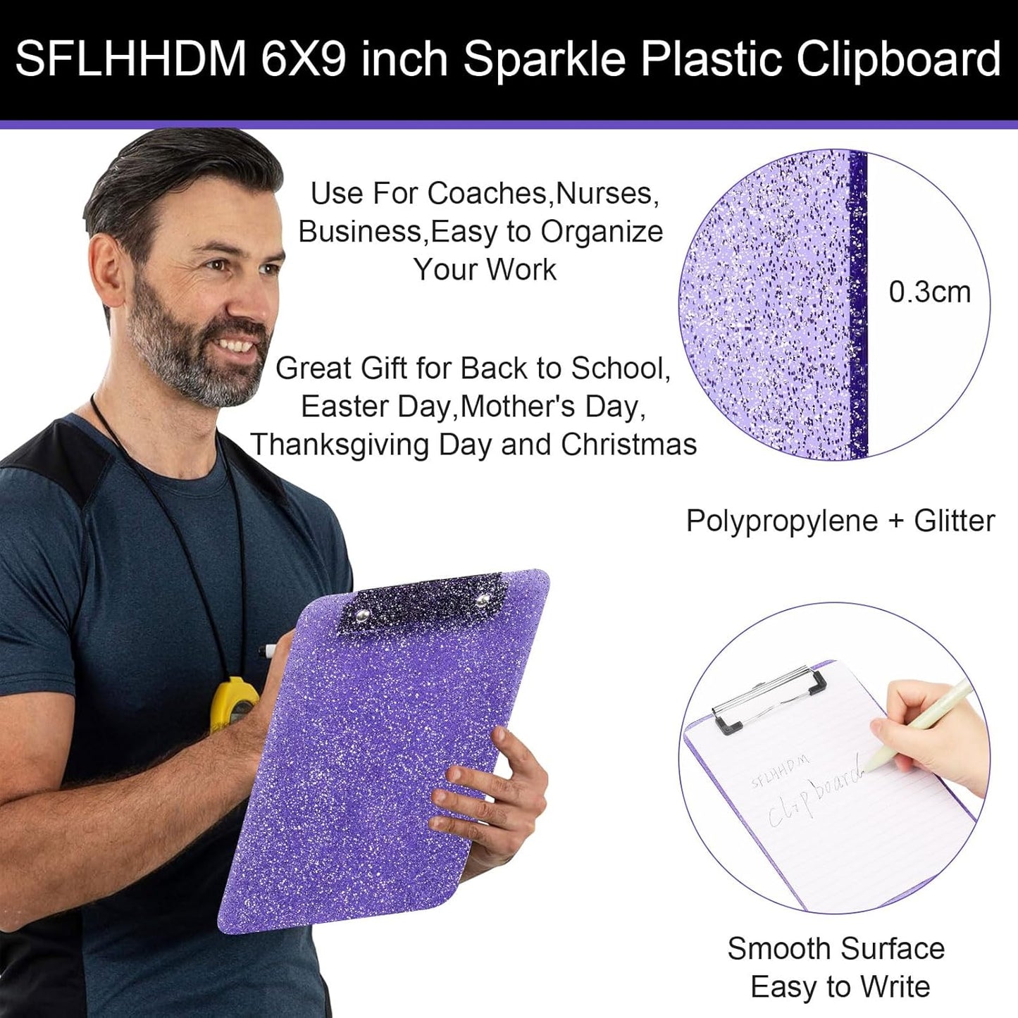 SFLHHDM 1 Pcs Clear Glitter Clipboards, Plastic Clipboard with Pen Holder, Size 8.85 x 12.4 in Shiny Clipboards with Low Profile Clip, Cute Hanging Clipboard for Office School Sparkly Clip Board-Pink