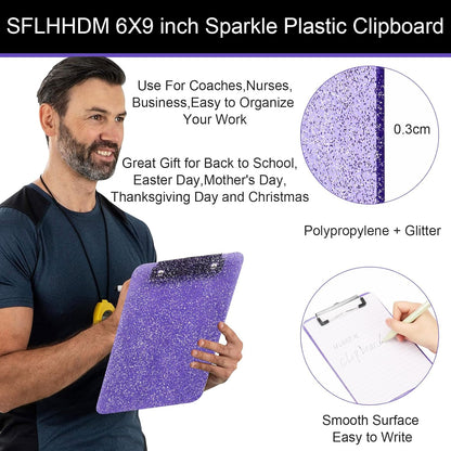 SFLHHDM 1 Pcs Clear Glitter Clipboards, Plastic Clipboard with Pen Holder, Size 8.85 x 12.4 in Shiny Clipboards with Low Profile Clip, Cute Hanging Clipboard for Office School Sparkly Clip Board-Pink