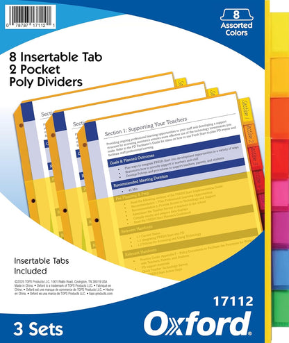 Oxford Heavy-Duty 8-Tab Plastic Binder Dividers with Pockets for Three Ring Binders - Essential Back to School Supplies and Organization Solution (1 Set)