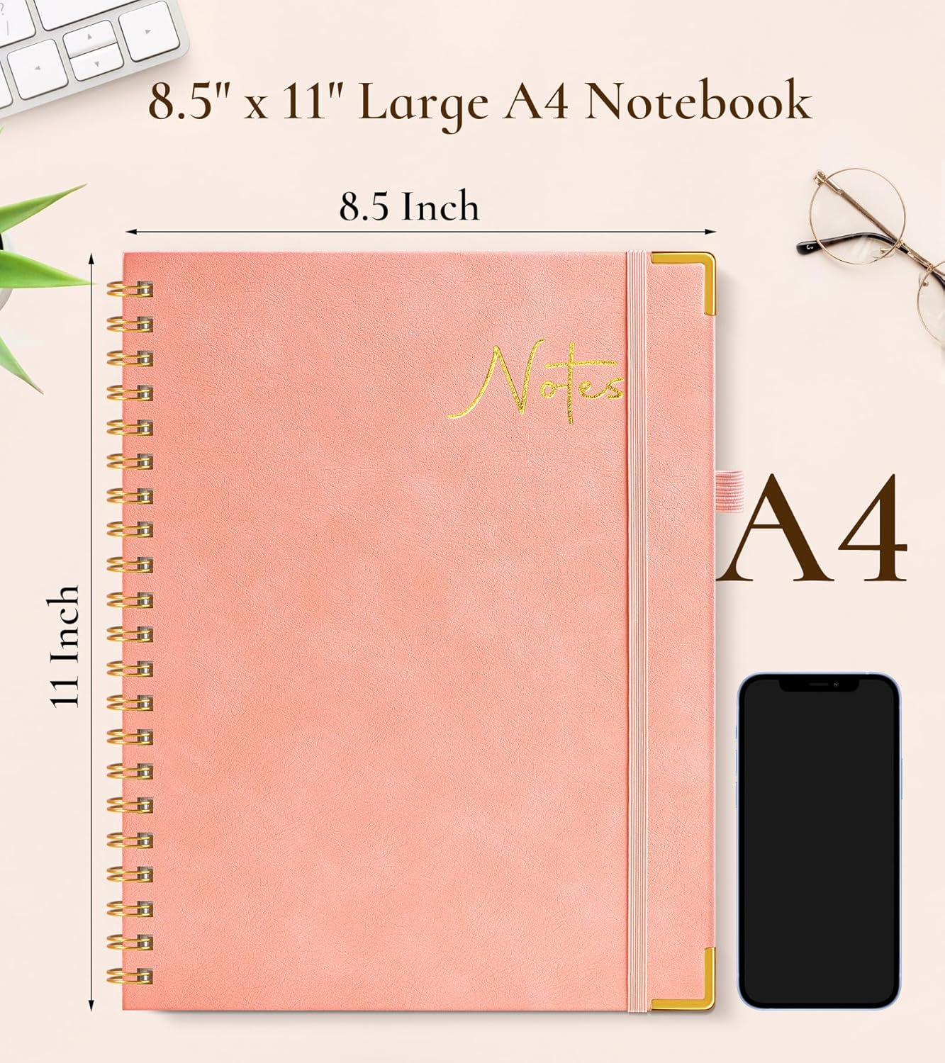 Hardcover Spiral Notebook Journal 8.5” x 11”, A4 Large Leather Notebooks for Women Men, Lined College Ruled Notebook, 50 Sheets/100 Pages, Spiral Bound Journals for Work School Note Taking, Green