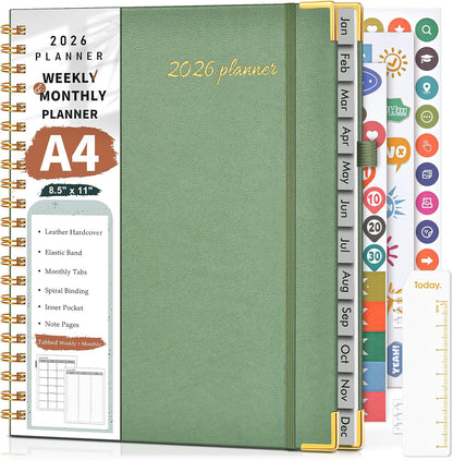 2026 Planner, Weekly and Monthly Calendar Planner from January 2026 - December 2026, 8.5" x 11" Hardcover Leather Hourly Appointment Book with Tabs, Spiral Daily Planners for School Work Home, Green