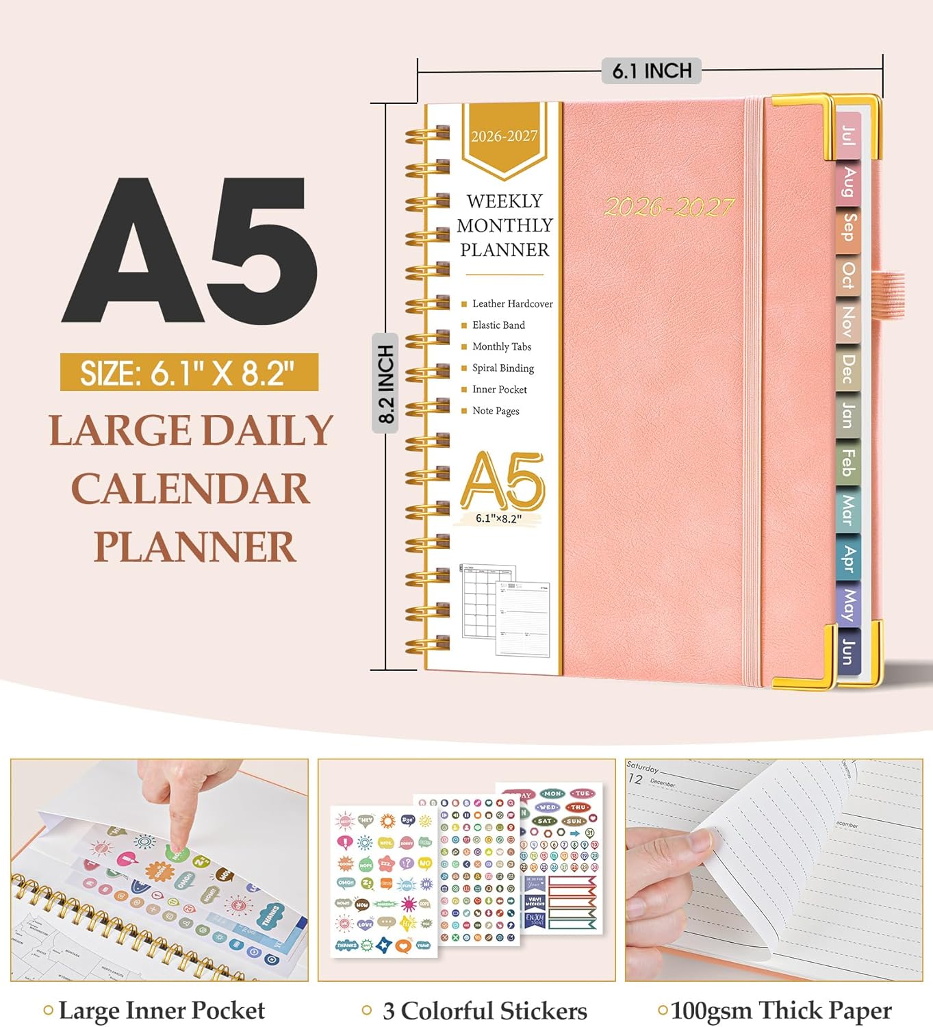 2026 Planner, Weekly and Monthly Calendar Planner from January 2026 - December 2026, 8.5" x 11" Hardcover Leather Hourly Appointment Book with Tabs, Spiral Daily Planners for School Work Home, Green