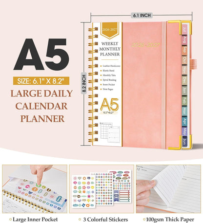 2026 Planner, Weekly and Monthly Calendar Planner from January 2026 - December 2026, 8.5" x 11" Hardcover Leather Hourly Appointment Book with Tabs, Spiral Daily Planners for School Work Home, Green