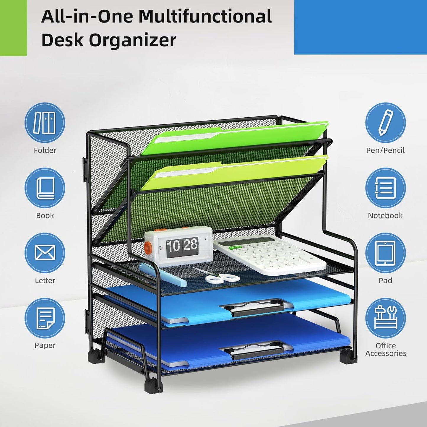 MINDEPOT 4-Tier Paper Organizer + 3-Pocket File Holder + Drawer + Pen Holders, Desktop File Organizers Paper Tray for Office Supplies School Classroom Organization (Black, No Drawer & Pen Holder)