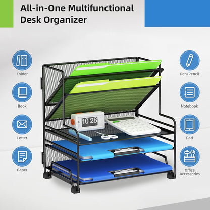 MINDEPOT 4-Tier Paper Organizer + 3-Pocket File Holder + Drawer + Pen Holders, Desktop File Organizers Paper Tray for Office Supplies School Classroom Organization (Black, No Drawer & Pen Holder)