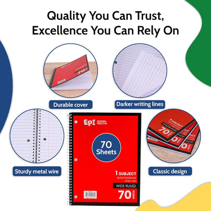 EPI Spiral Notebook | Wide - 70 Sheets, Durable Spiral Binding | 10.5 x 8 in | Classroom Supplies | School, Office, Note Taking, Journaling - 12 Pack