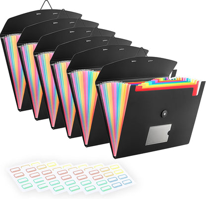 5-Pack 13-Pocket Expanding File Folder, Accordion File Organizer with Labels, Fits Letter Size & A4 Paper, for Home Office School College Supplies