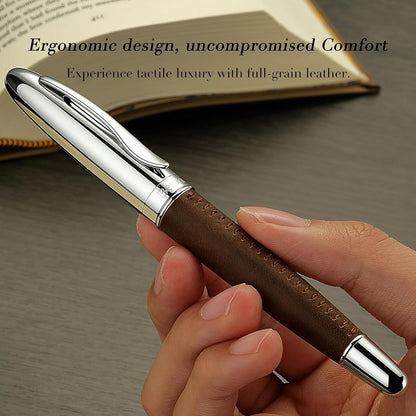 BEILUNER 318 Luxury Leather Pen, Hand-Stitched Premium Leather, Chrome-Plated Finish, Schmidt Ink Refill, Best Rollerball Pen Gift for Men & Women, Refillable, Executive Writing, Nice Pens