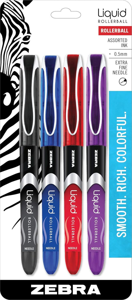 Zebra Liquid Rollerball Pens, Needle Point 0.5mm, Assorted Color, 4-Count