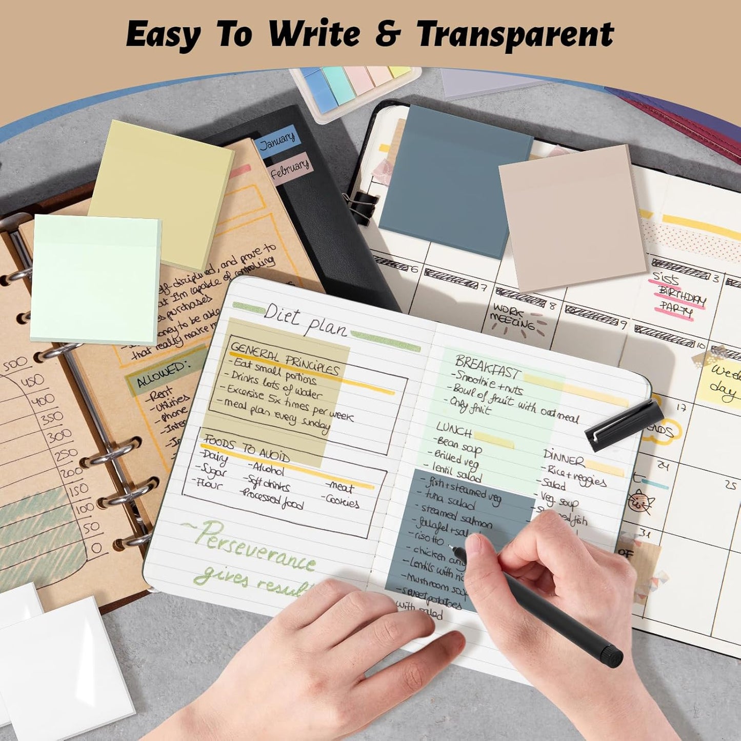 800 Sheets Transparent Sticky Notes, 3x3 Inch 14 Pads Self-Adhesive Translucent Clear See Through Post Sticky Notes for Planner Office School College Teacher Student Supplies 6 Bright Color