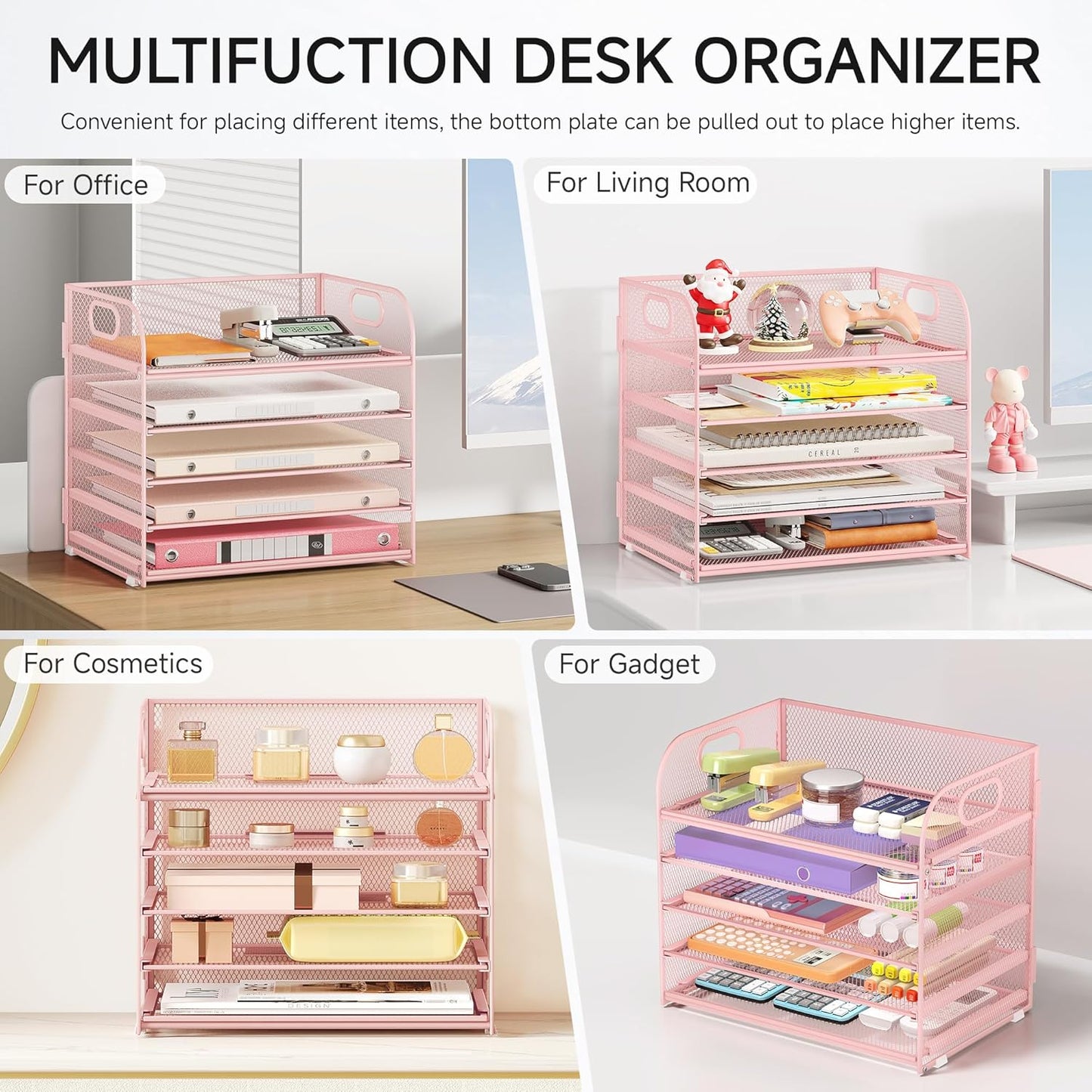 Lavatino 5 Tray Desk File Organizer, Black Mesh Paper Sorter Letter Tray Organizer with Handle, Desktop File Organizer and Storage for Letter/A4 Office File Folder