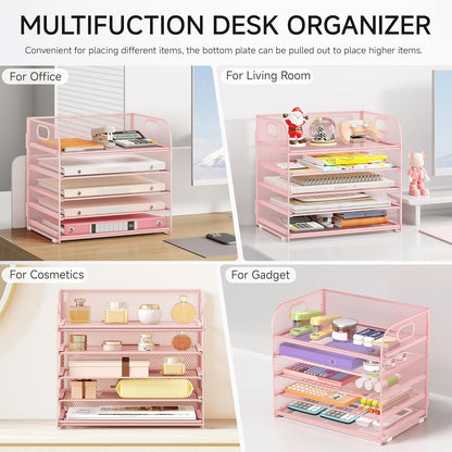 Lavatino 5 Tray Desk File Organizer, Black Mesh Paper Sorter Letter Tray Organizer with Handle, Desktop File Organizer and Storage for Letter/A4 Office File Folder