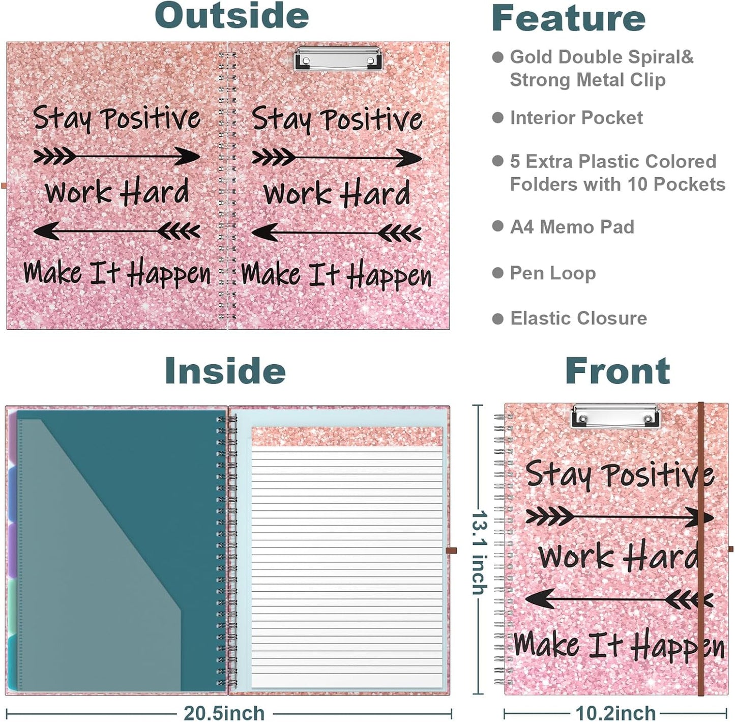 Hongri Clipboard Folio with Refillable Lined Notepad, 8.5 x 11 Folders with Storage 10 Pockets, Spiral Portfolio, Size 12.8X 9.7 in, Office & School Supplies, Skeleton
