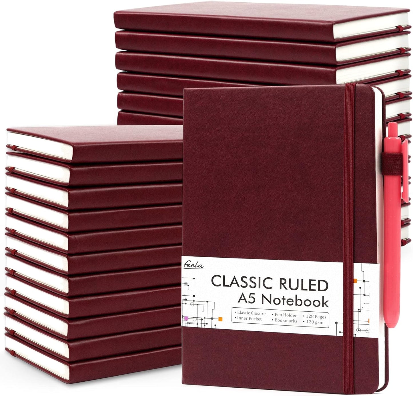 feela College Ruled Notebooks, 24 Pack Business Notebook Hardcover Lined Writing Journal with Pen Holder for Men Women Note Taking, with 24 Black Pens, 120 GSM, 5.1”x8.3”, A5, White