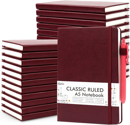 feela College Ruled Notebooks, 24 Pack Business Notebook Hardcover Lined Writing Journal with Pen Holder for Men Women Note Taking, with 24 Black Pens, 120 GSM, 5.1”x8.3”, A5, White