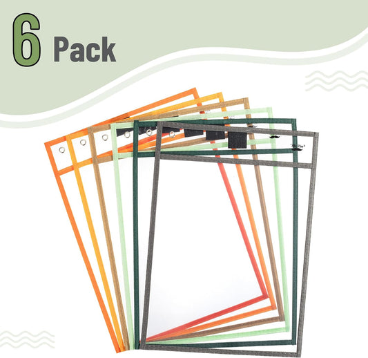 Mr. Pen Dry Erase Pocket Sleeves, 6 Pack, 10x14 inches, Multicolored Border, Plastic, Reusable Dry Erase Sheet Protectors