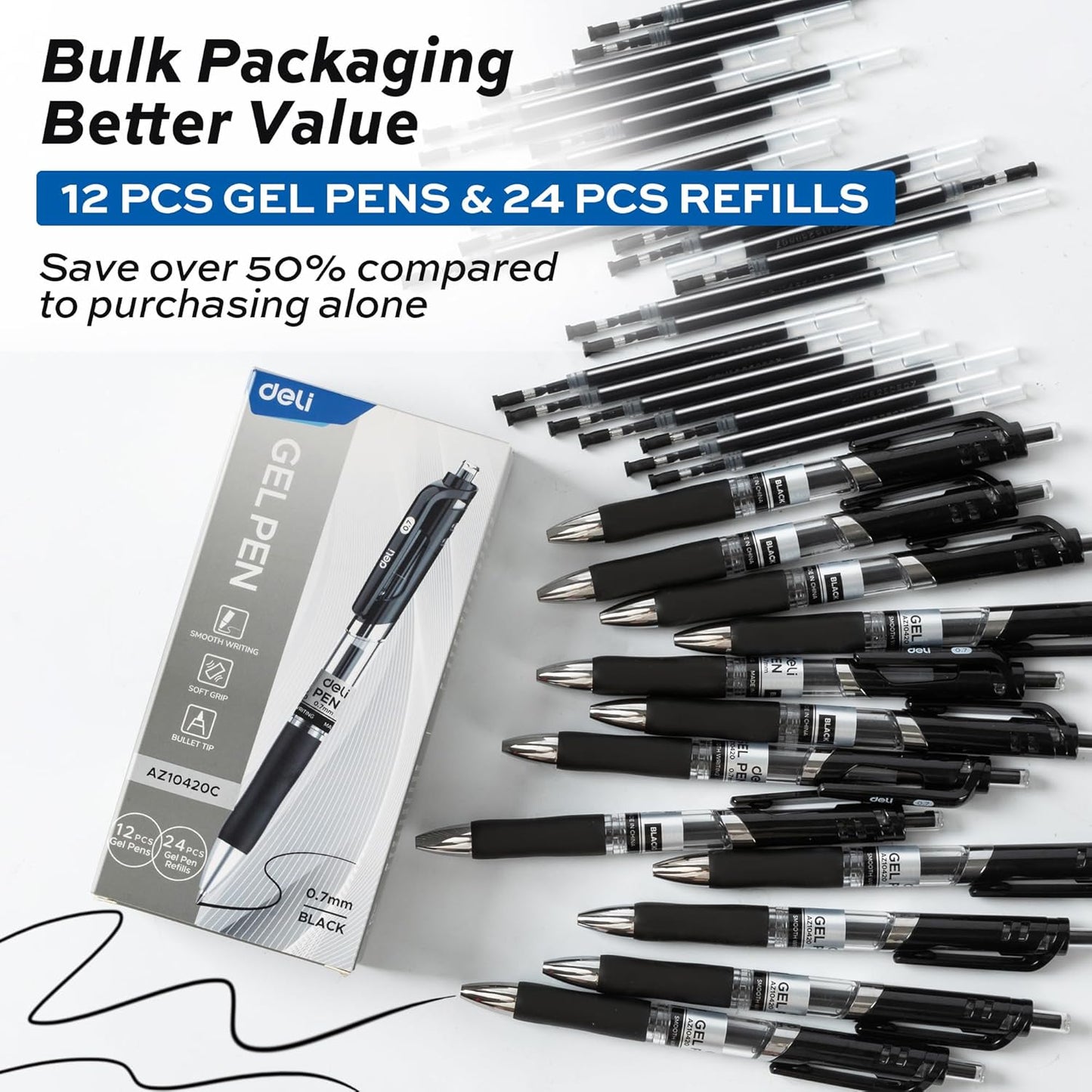 deli Gel Pens, 50 Pcs Retractable Pens Black Ink, Medium Point Pen 0.7mm, Smooth Writing, Fast Dry, No Bleed for Journaling Note Taking, Home School Office Supplies