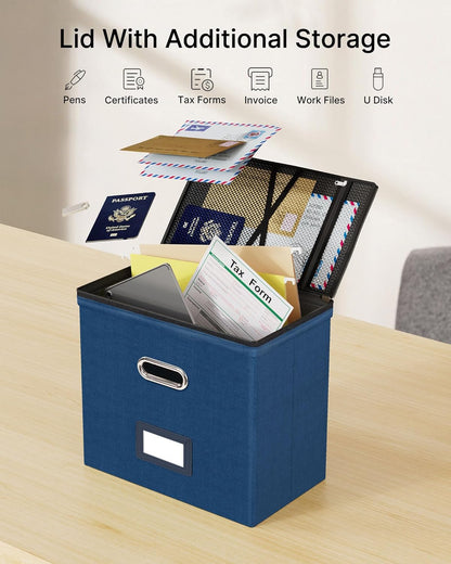 Oterri 2 Pack File Organizer Boxes with Lids, File Box with Mesh Pockets, Document Organizer Box for File Folders Letter Size, Zippers Filing Box for Home, Office, School (Green, Without Folders)
