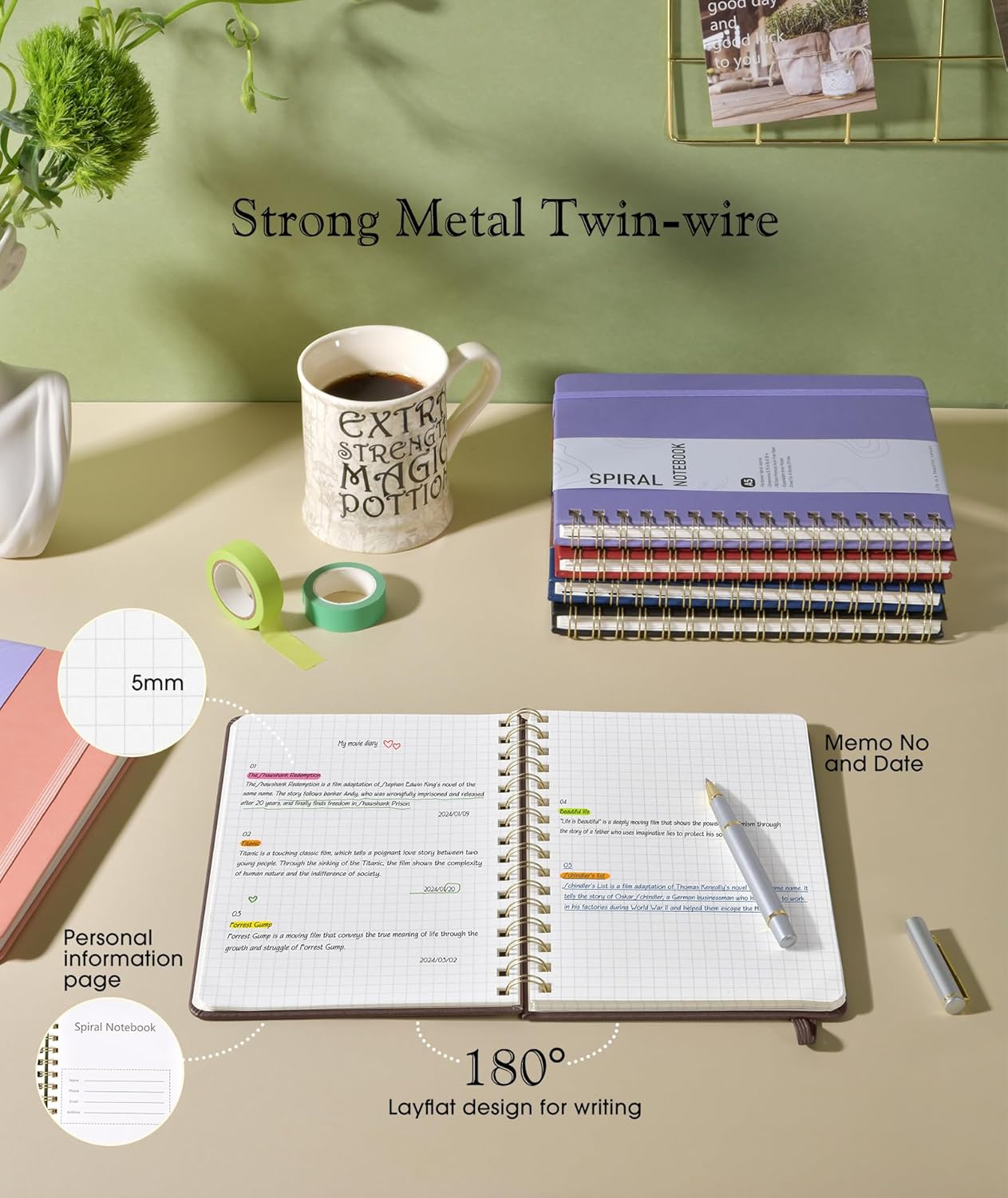 Lined Spiral Journal Notebook, A5 Hardcover Spiral Journals for Women Men, 150 Numbered Pages Spiral Bound Notebook, 100 GSM College Ruled Notebooks for Work, Note Taking 5.75" x 8.38", Olive Green