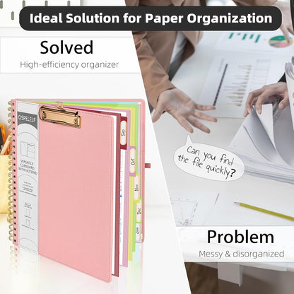 Ospelelf Foldable Spiral Clipboard Folio with Storage Zipper Pouch, 5 Plastic Folders with 10 Pockets,Refillable Lined Notepad (11" x 8.5"), Hardcover Project Organizer with 39 Stickers (Purple)