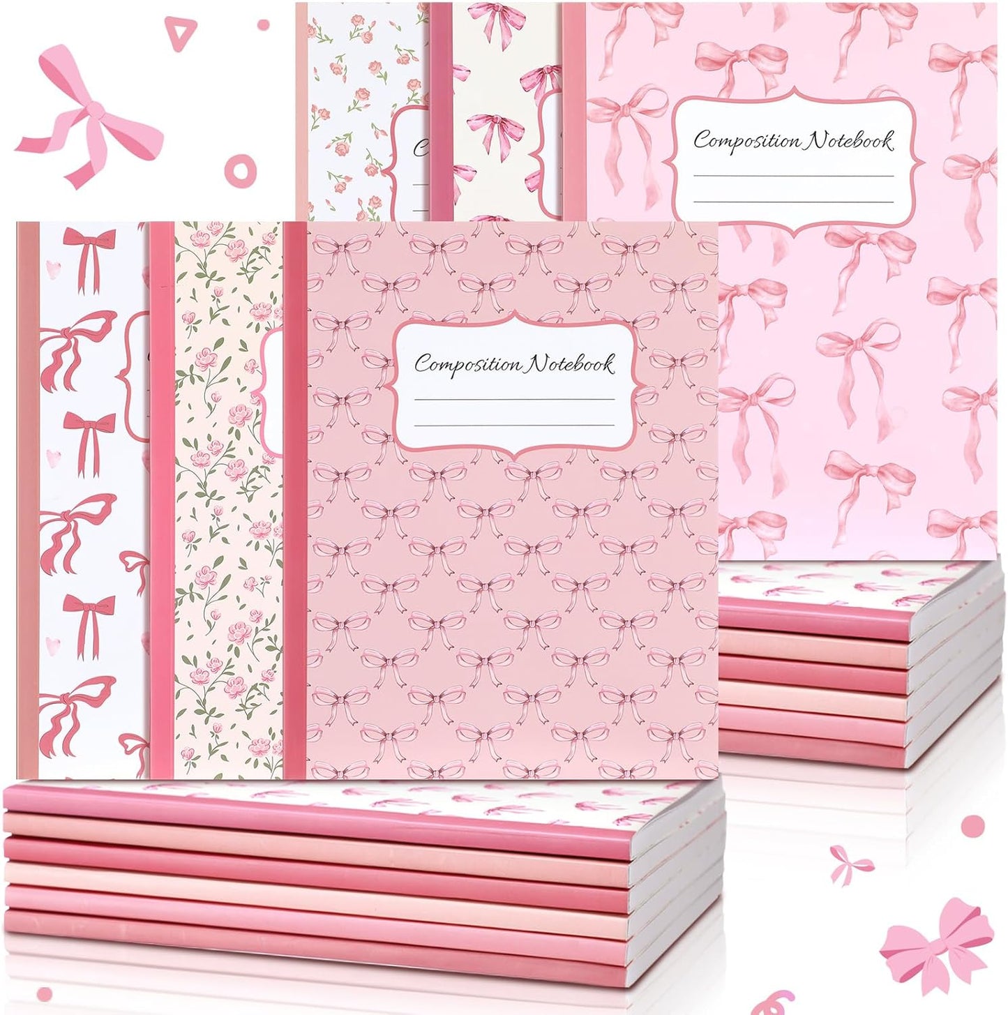 Fullhawl 6 Pcs Bow Composition Notebooks, Preppy Coquette Notebook College Ruled Journal, 110 Page, Cute Back to School Gift for Teacher, Student, First Day of Schooll(Pink,9-3/4 x 7-1/2")
