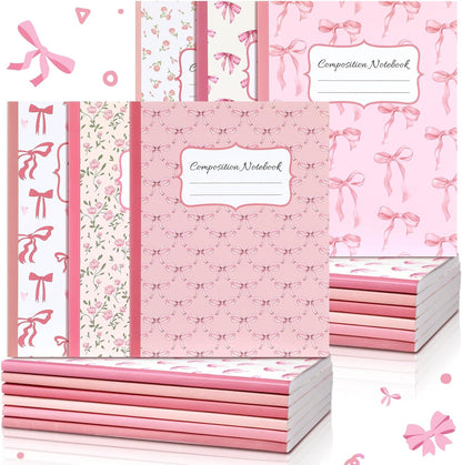 Fullhawl 6 Pcs Bow Composition Notebooks, Preppy Coquette Notebook College Ruled Journal, 110 Page, Cute Back to School Gift for Teacher, Student, First Day of Schooll(Pink,9-3/4 x 7-1/2")