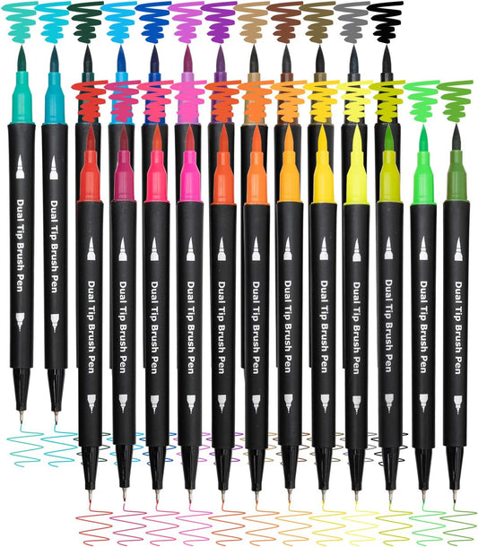 Piochoo Dual Brush Marker Pens,24 Colored Markers,Fine Point and Brush Tip for Adult Coloring Books Bullet Journals Planners,Note Taking Coloring Writing