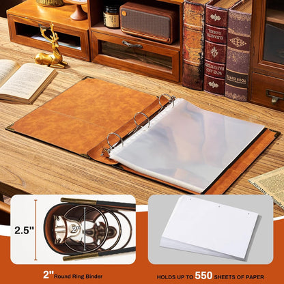 Ovesmusl Leather 3 Ring Binder Fits 8.5"x11" Letter Size Paper, 1 Inch Round Ring Binder Holds 200 Sheets, Notebook Cover Loose Leaf Organizer, Green Tree