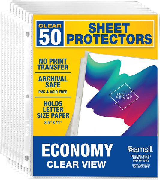 Samsill 50 Pack Sheet Protectors, 8.5x11 Inch Page Protectors for 3 Ring Binder, Standard Weight, Clear Protector, Letter Size, Top Loading, Acid Free