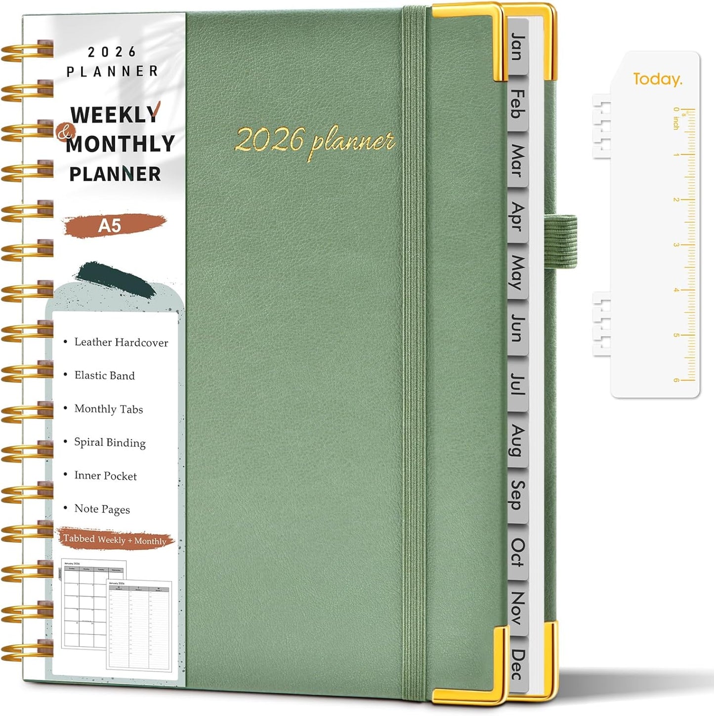 2026 Planner, Weekly and Monthly Calendar Planner from January 2026 - December 2026, 8.5" x 11" Hardcover Leather Hourly Appointment Book with Tabs, Spiral Daily Planners for School Work Home, Green