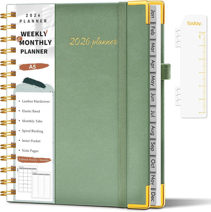 2026 Planner, Weekly and Monthly Calendar Planner from January 2026 - December 2026, 8.5" x 11" Hardcover Leather Hourly Appointment Book with Tabs, Spiral Daily Planners for School Work Home, Green